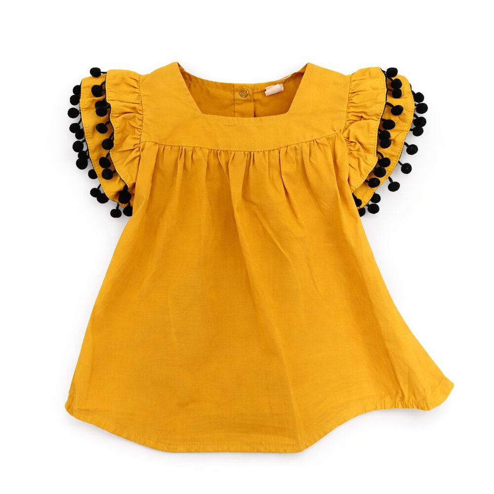 Yellow Baby Girls' A-line Dress Features Pom-Pom Trimmed Flutter Sleeve Sz6-9